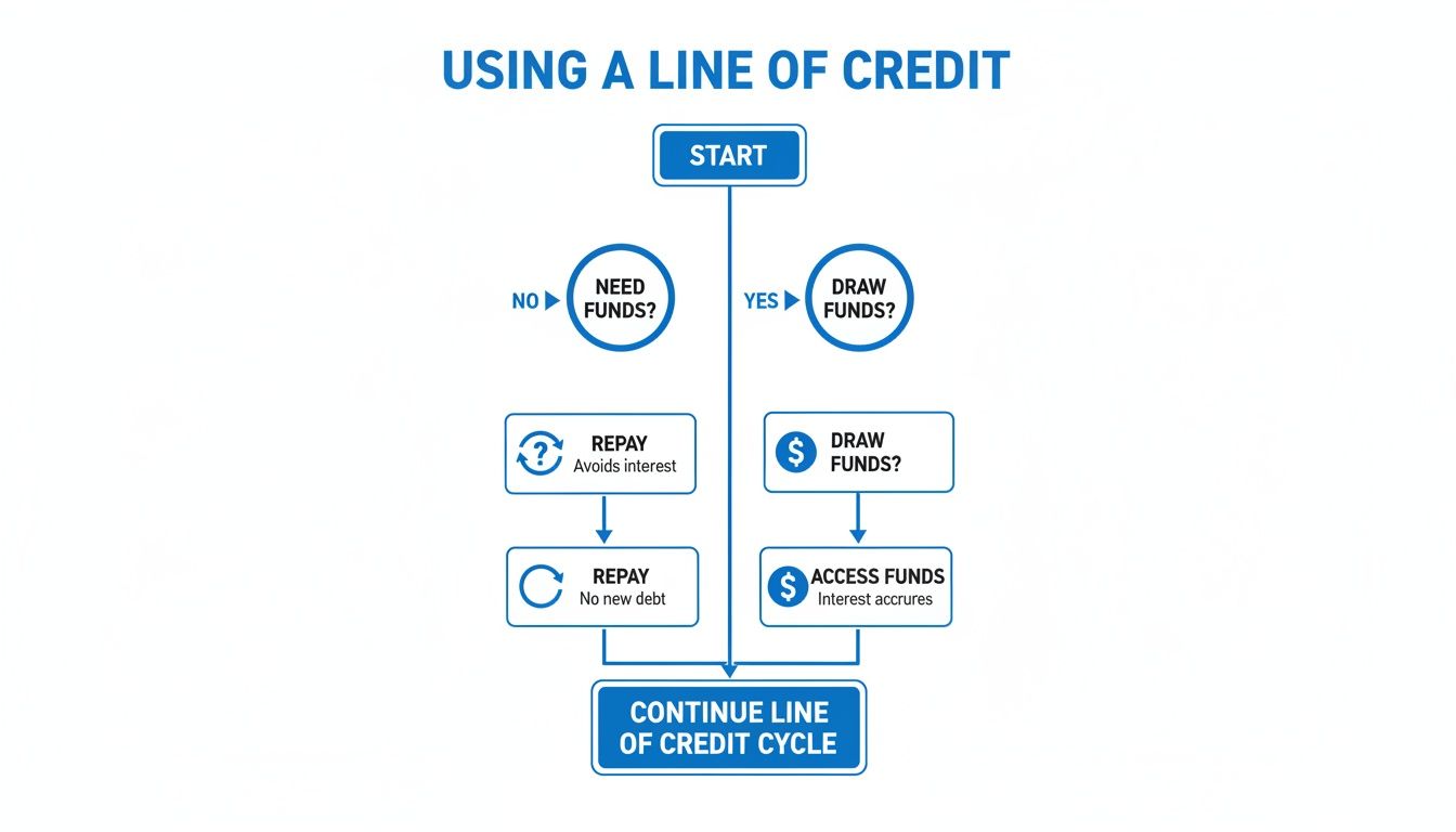 Flowchart illustrating the steps for using a line of credit, from drawing funds to repayment.