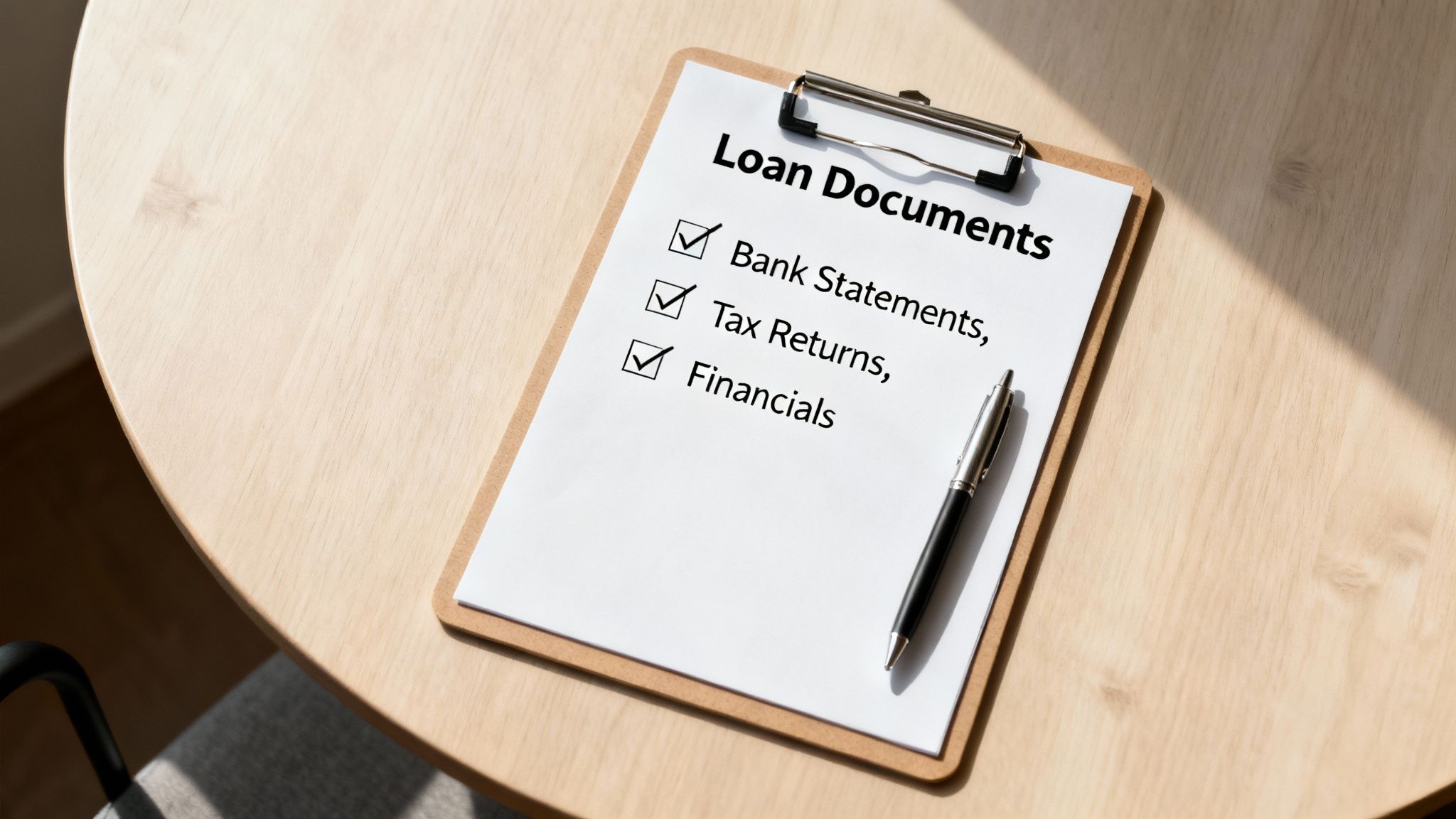 A checklist titled 'Loan Documents' on a clipboard, showing required items like bank statements and tax returns, with a pen on a light wooden table.