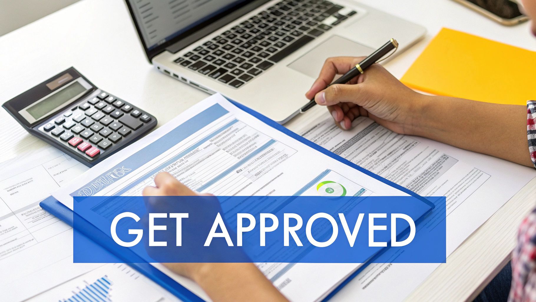 Close-up of hands reviewing financial documents and using a calculator at a desk, seeking approval.