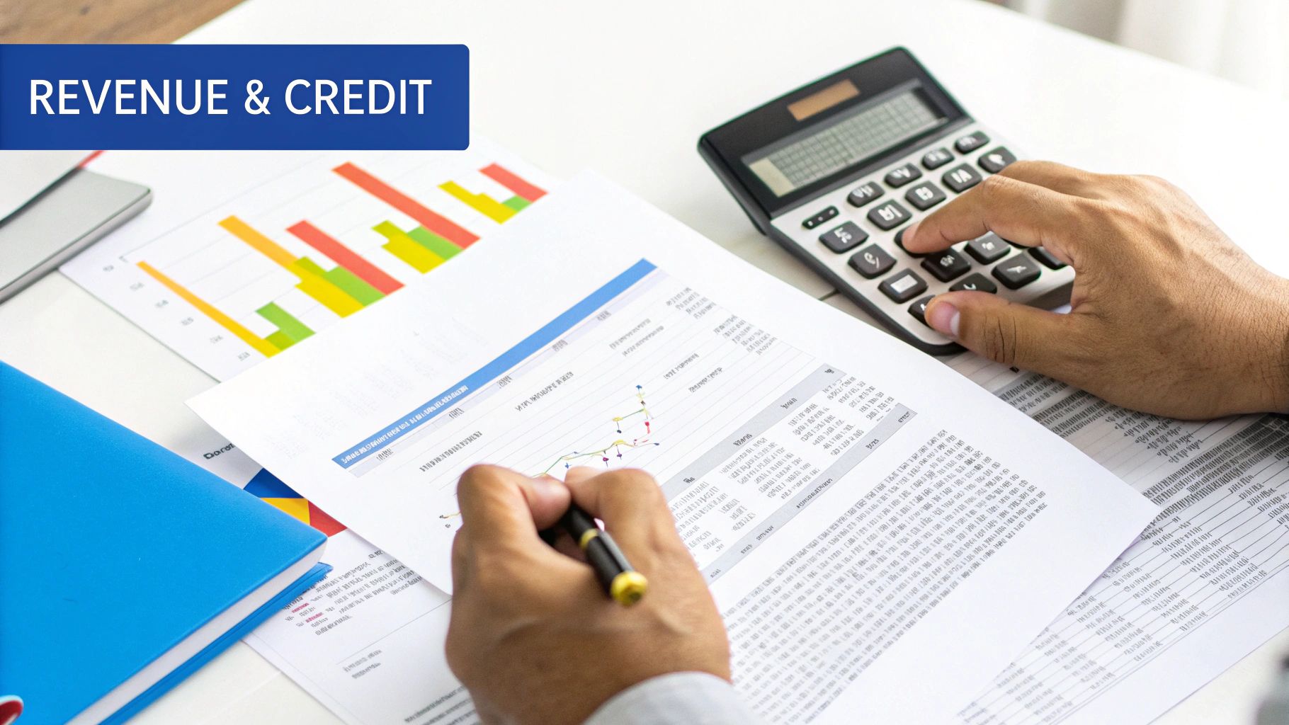 Hands analyze financial data with charts, documents, and a calculator, highlighting revenue and credit management.