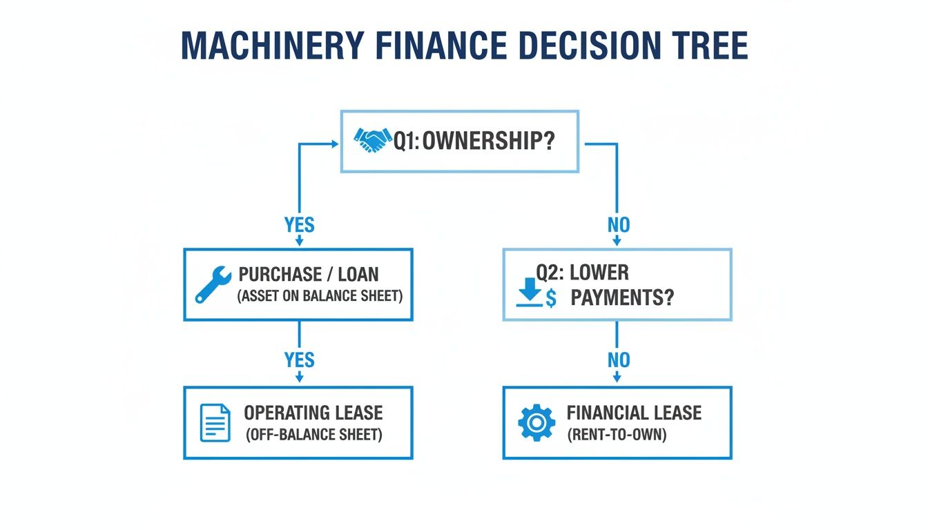 A machinery finance decision tree flowchart guiding users through options like purchase, operating, and financial lease.