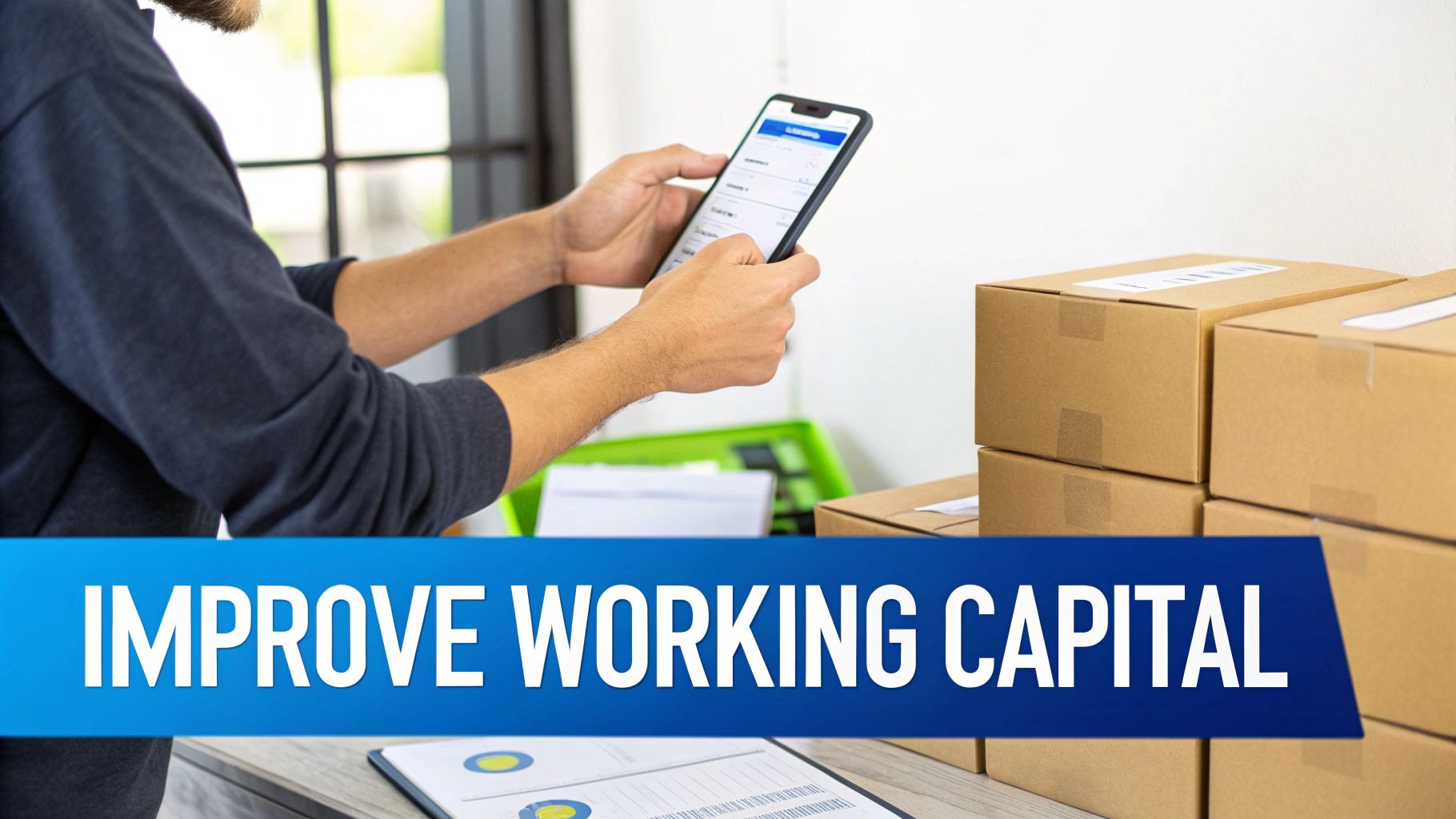 Person using a smartphone to manage business operations, surrounded by shipping boxes.