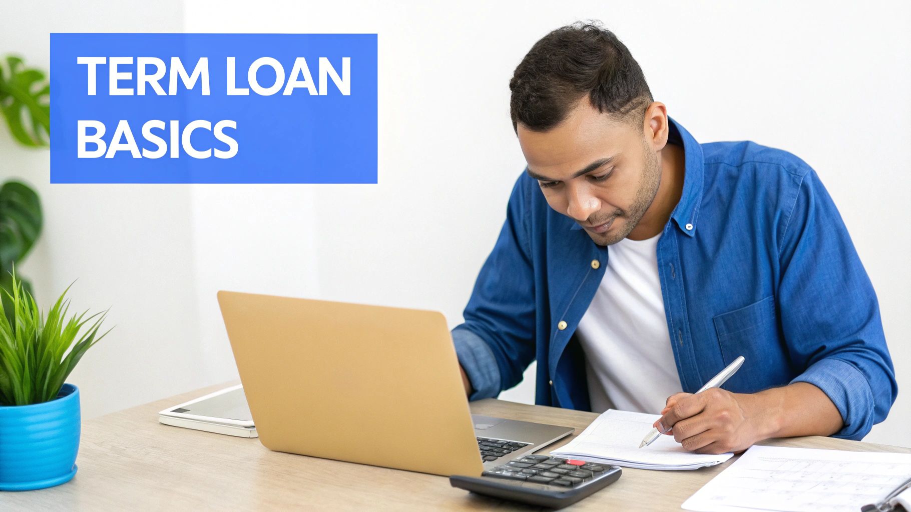 A man studies "Term Loan Basics" on a blue banner, writing in a notebook at a desk with a laptop and calculator.
