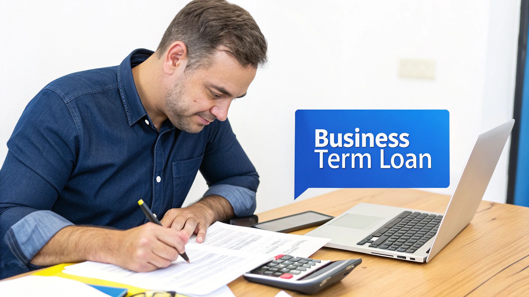 Man in denim shirt writing on papers at a desk with a laptop and calculator, focused on a business term loan.