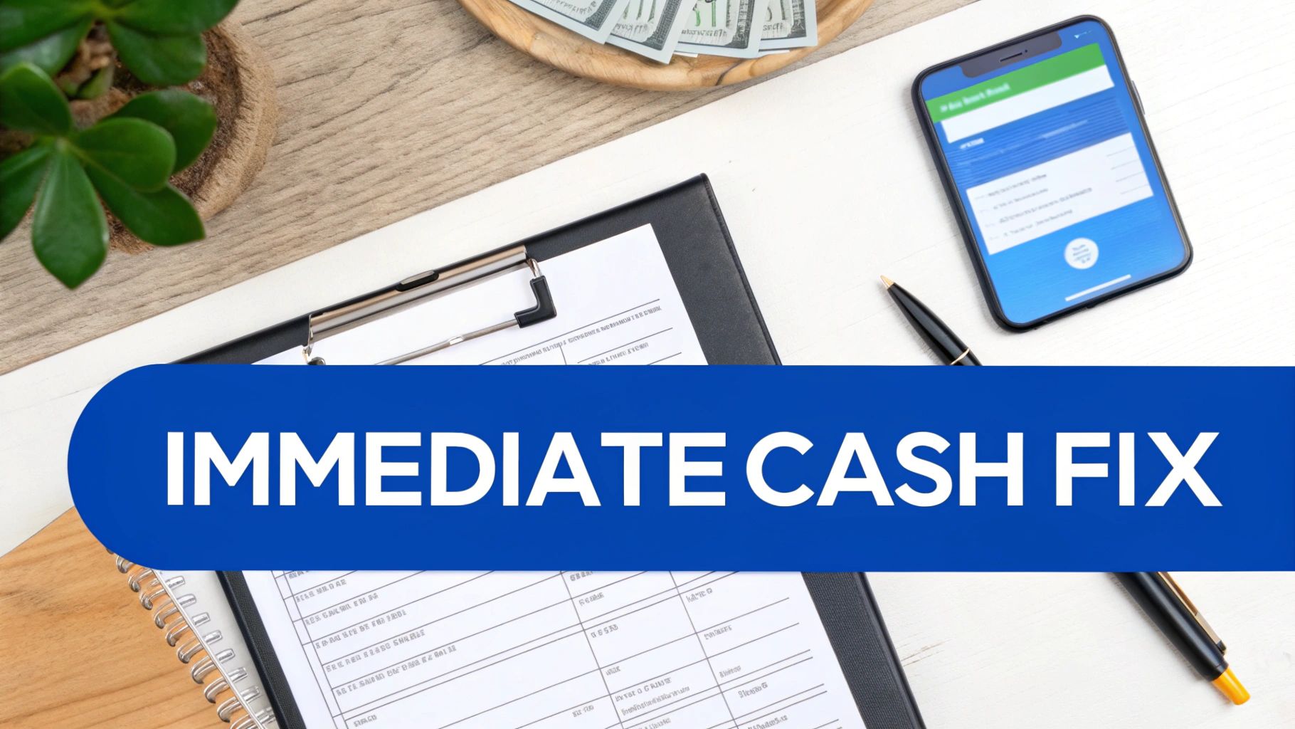 A desk with a plant, cash, smartphone, documents, and pens, featuring a banner 'IMMEDIATE CASH FIX'.