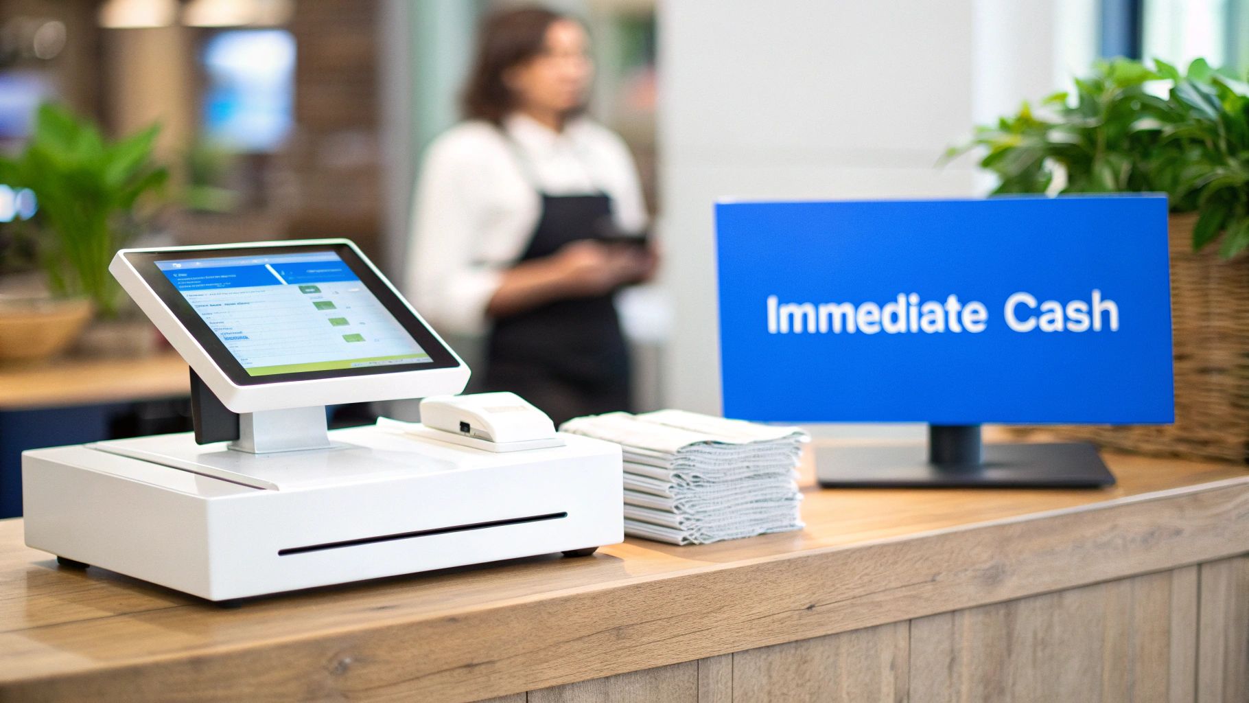 A modern white point-of-sale system with a tablet and card reader on a wooden counter, with an 'Immediate Cash' sign.