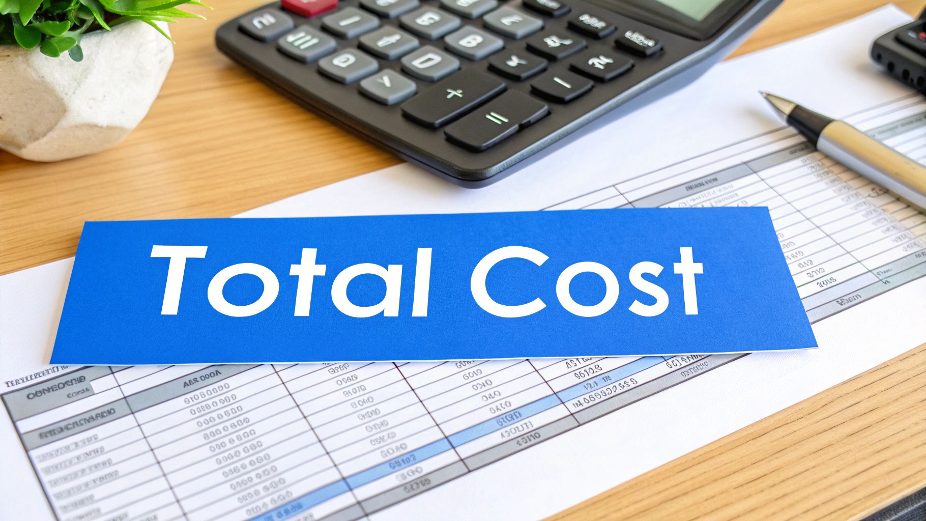 A blue sign with 'Total Cost' on financial documents, with a calculator and pen nearby.