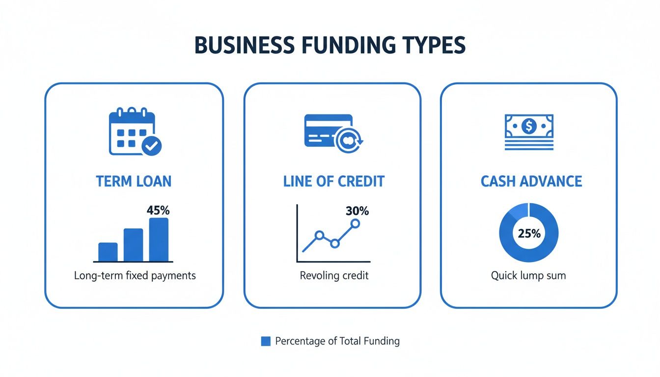 Infographic showing business funding types: Term Loan (45%), Line of Credit (30%), and Cash Advance (25%).
