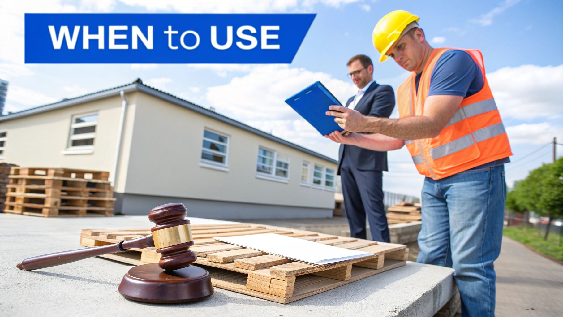 Construction worker and businessman discuss documents at a building site, with a gavel nearby.