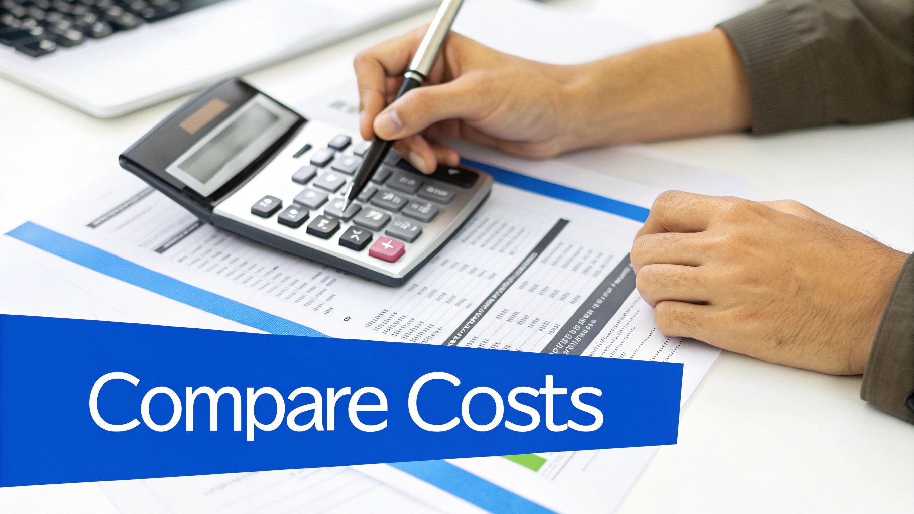 Person comparing financial costs using a calculator and pen on documents with a 'Compare Costs' banner.