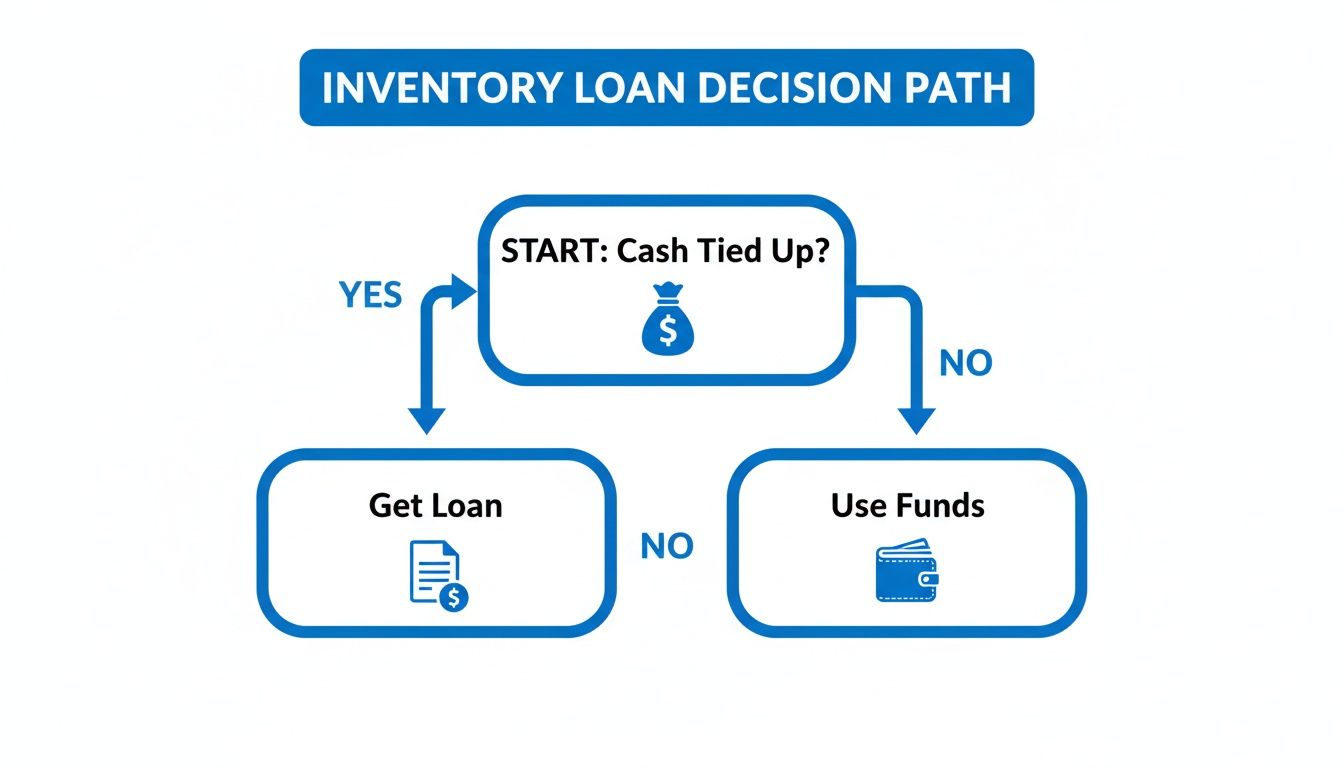 Flowchart showing an inventory loan decision path: 'Cash Tied Up?' leads to 'Get Loan' or 'Use Funds'.