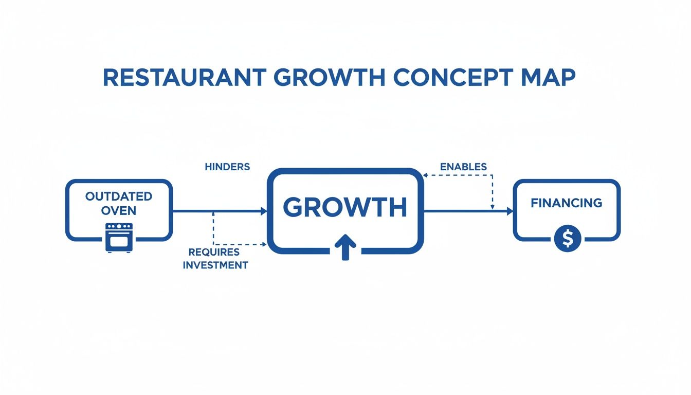 Concept map illustrating how an outdated oven hinders restaurant growth, requiring investment and financing.