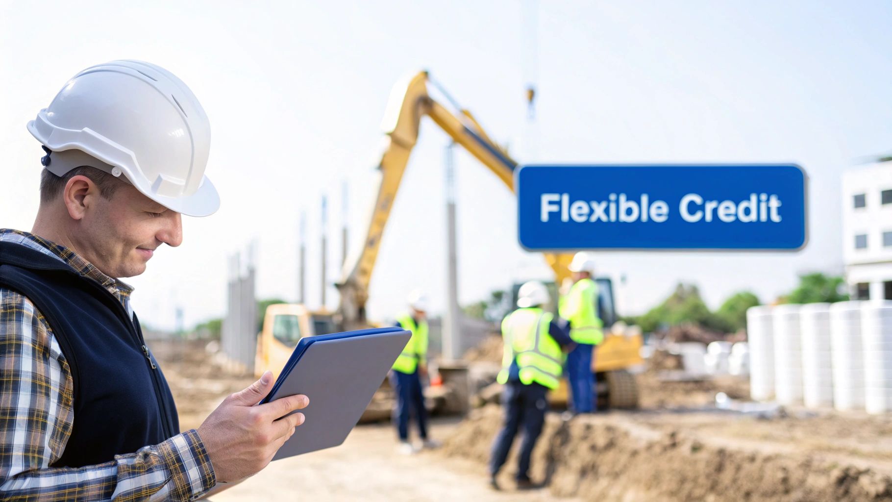 A construction worker in a white hard hat uses a tablet on a building site, with a 'Flexible Credit' sign in the background.