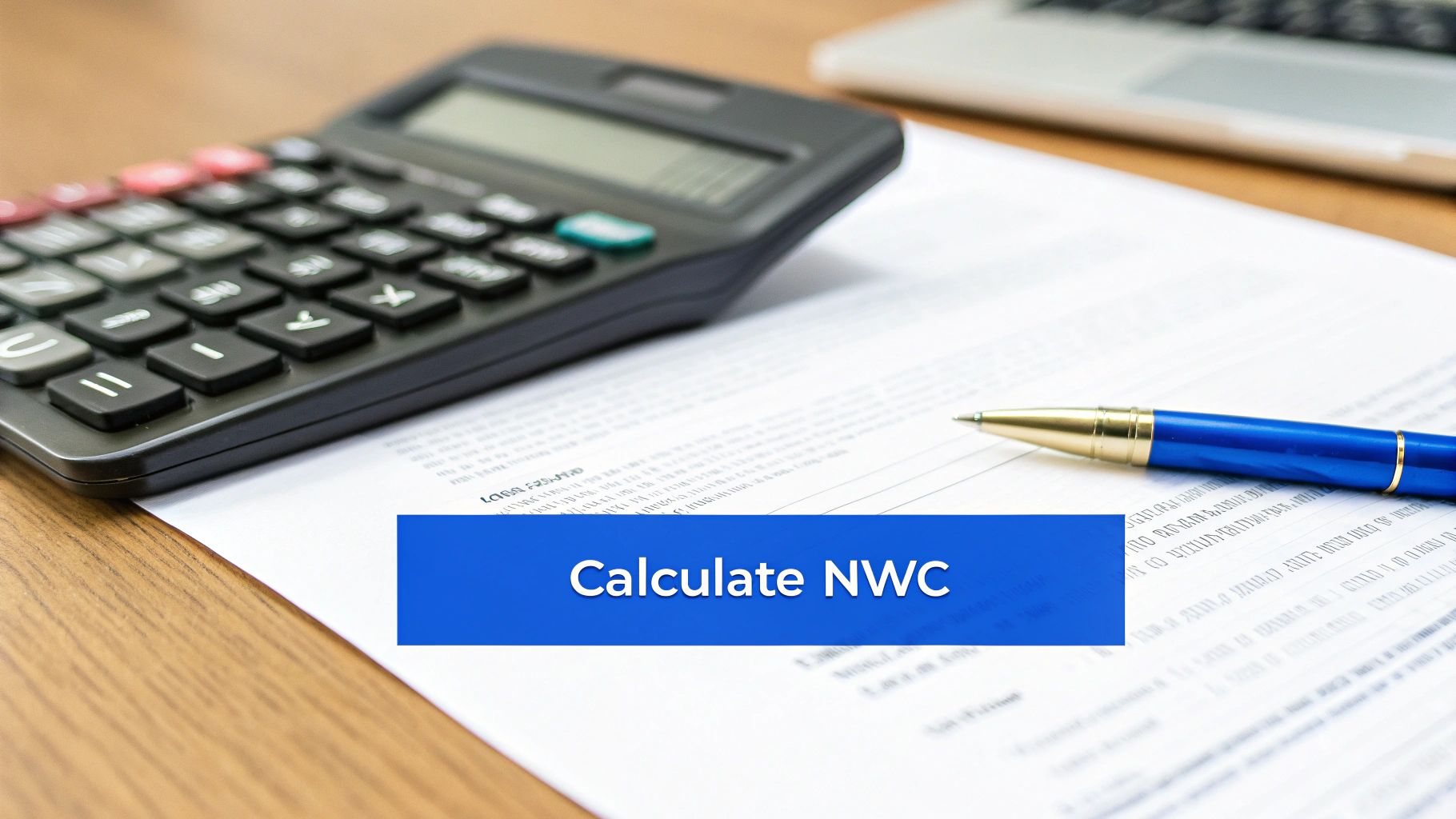 A calculator, blue pen, and document on a wooden desk with "Calculate NWC" text overlay.