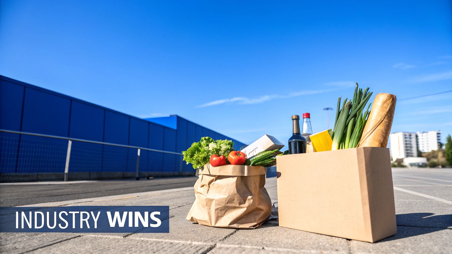 Two grocery bags full of fresh produce and bottles on paving stones in front of a blue building.
