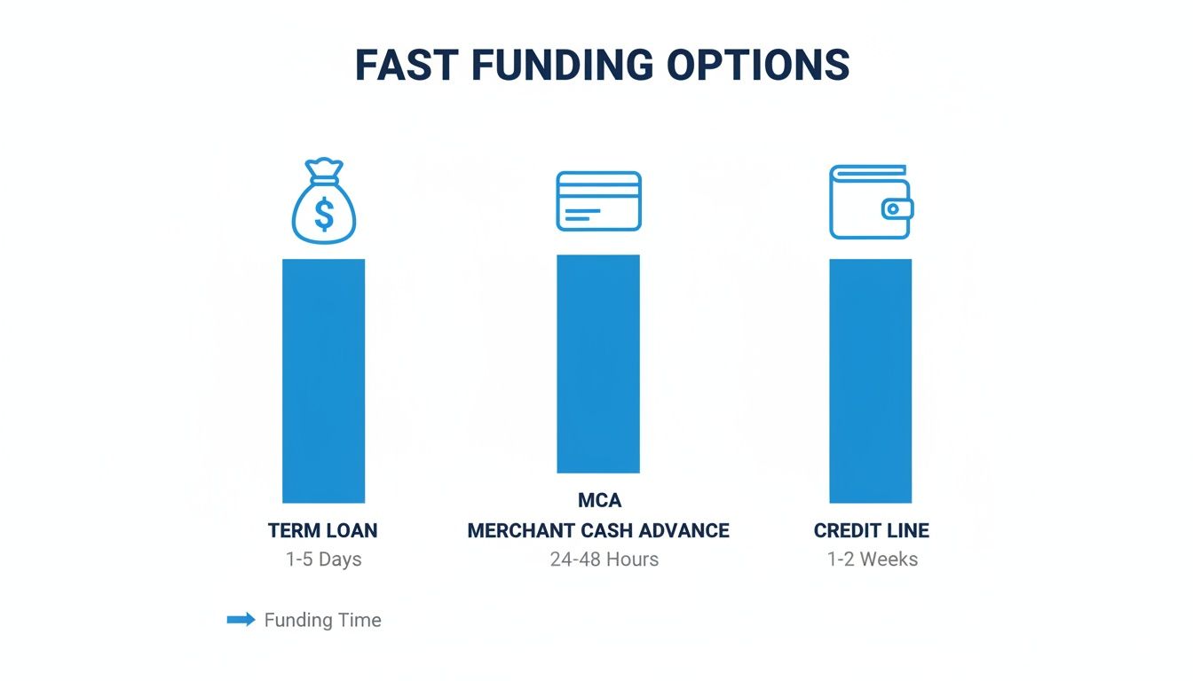Chart of fast small business funding options: Term Loan, Merchant Cash Advance, and Credit Line with funding times.
