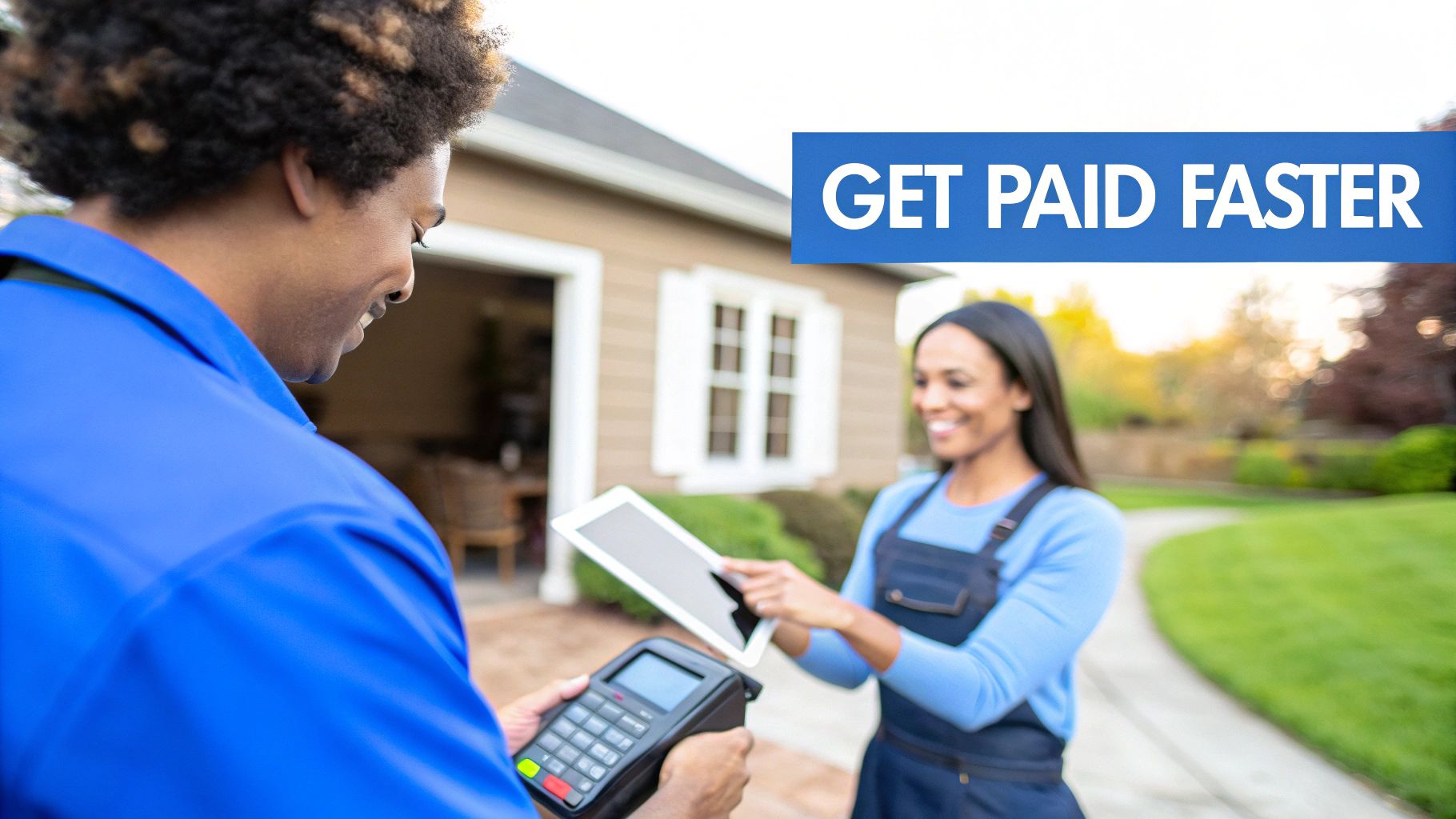 A service professional uses a payment terminal while a customer signs on a tablet outside a house, with text overlay "GET PAID FASTER".