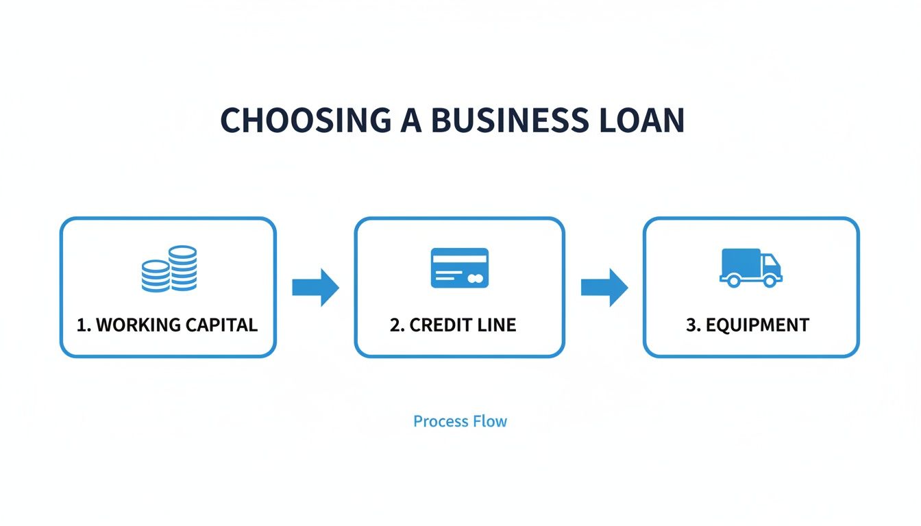 A process flow diagram showing three business loan options: working capital, credit line, and equipment.