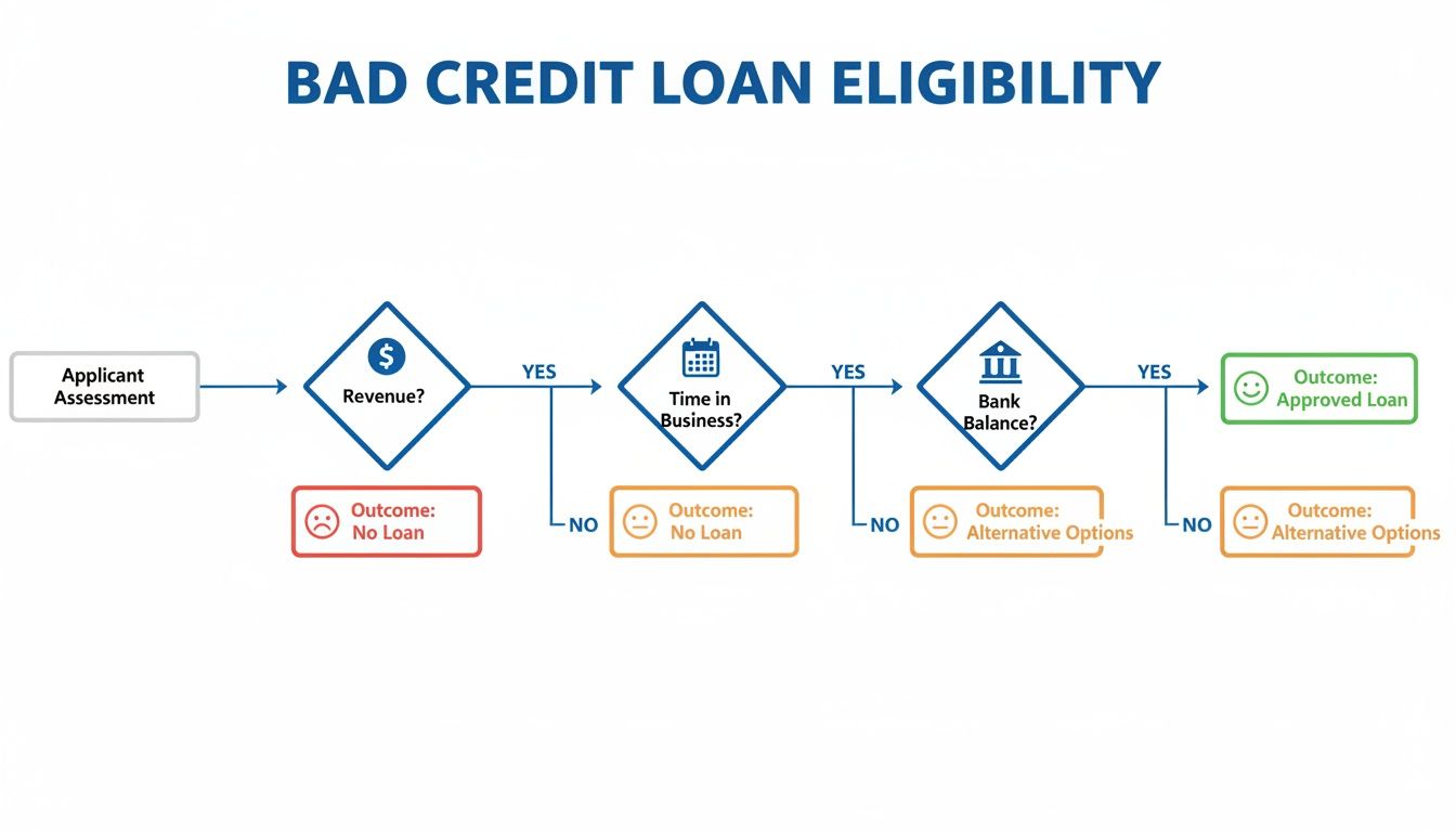 Flowchart illustrating the eligibility process for bad credit loans, assessing revenue, time in business, and bank balance.