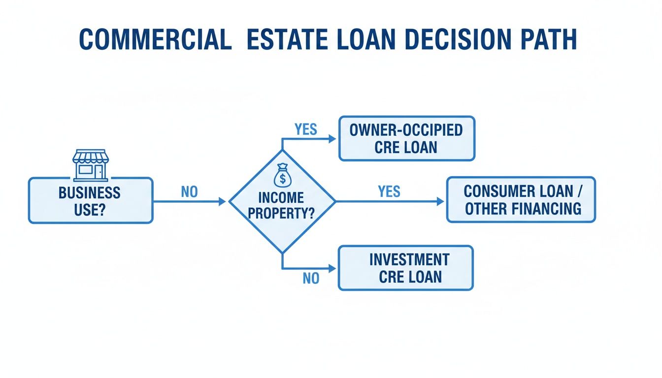Flowchart illustrating the decision path for commercial real estate loans based on property use.