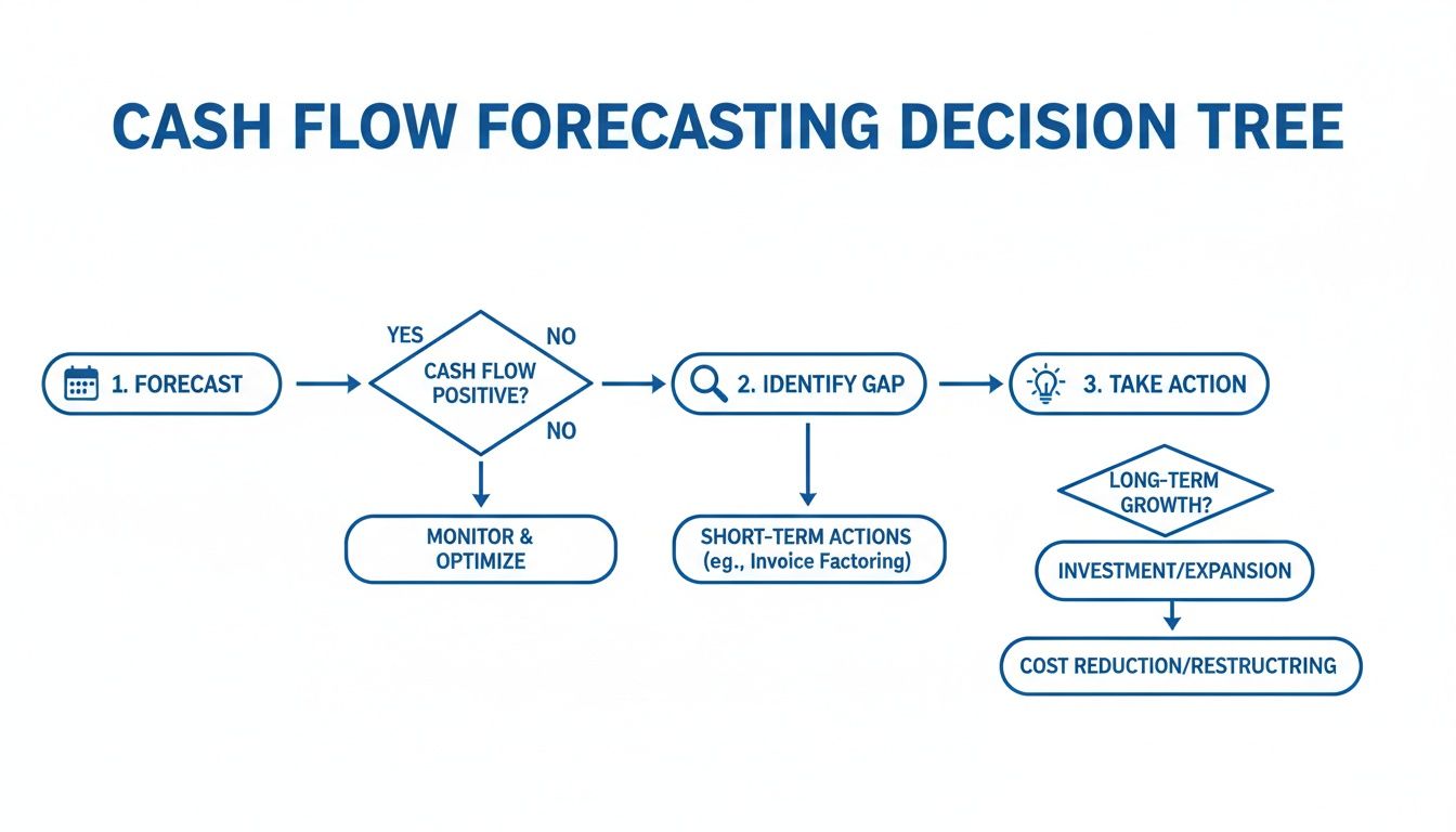 A cash flow forecasting decision tree outlining steps for financial management and taking action.