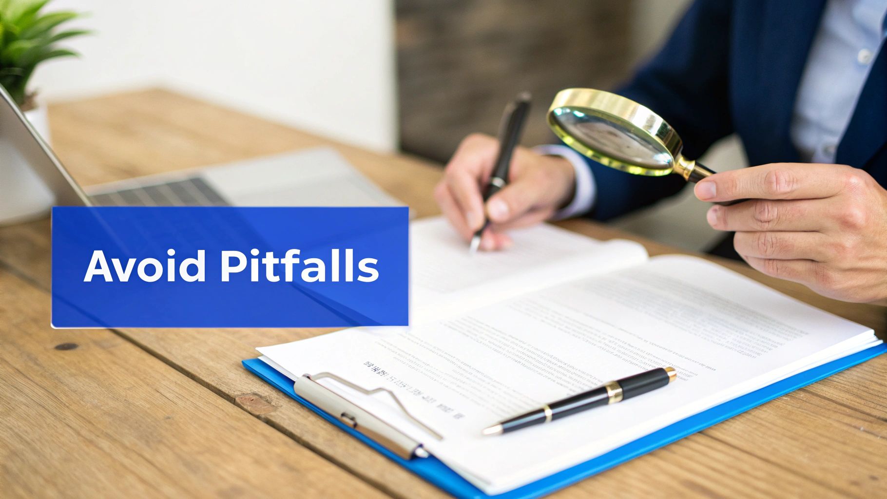 Person examining documents with a magnifying glass and pen, with an 'Avoid Pitfalls' banner.