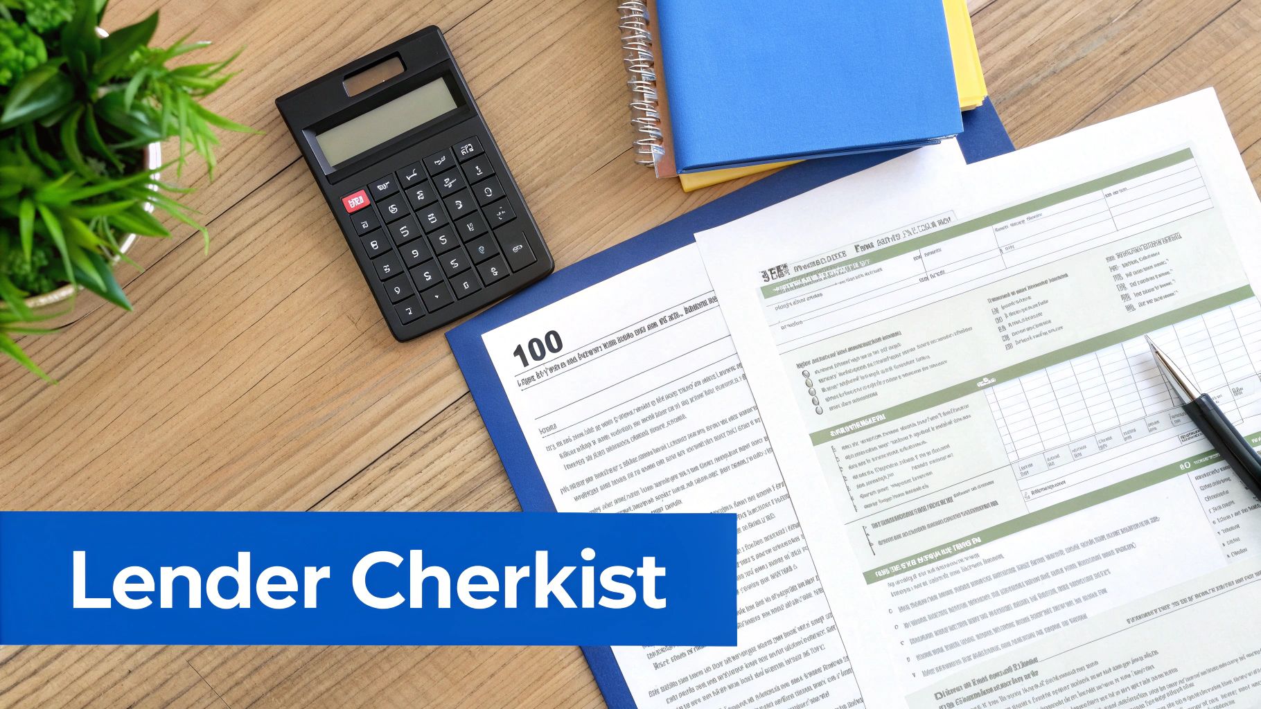 Flat lay of financial documents, calculator, and pen on a desk with a 'Lender Checklist' banner.
