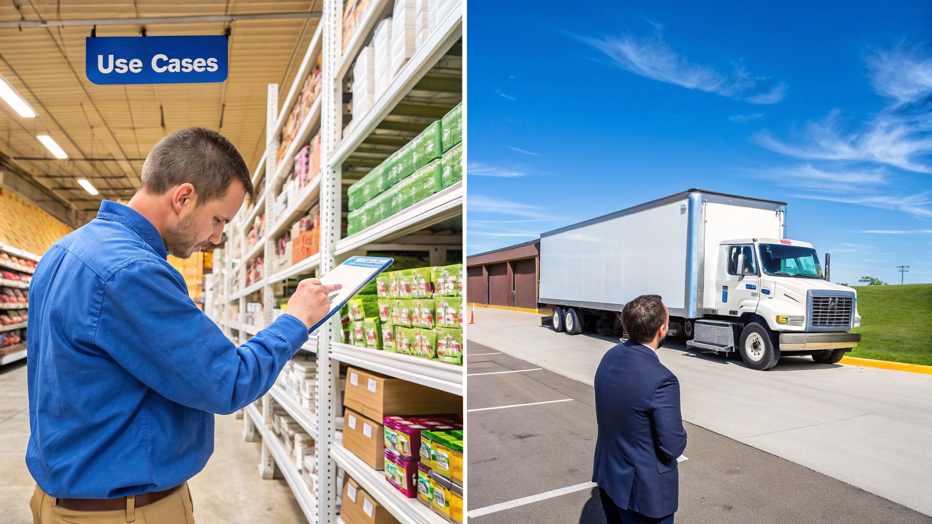 A man checks inventory in a warehouse, while another watches a semi-truck, illustrating business use cases.