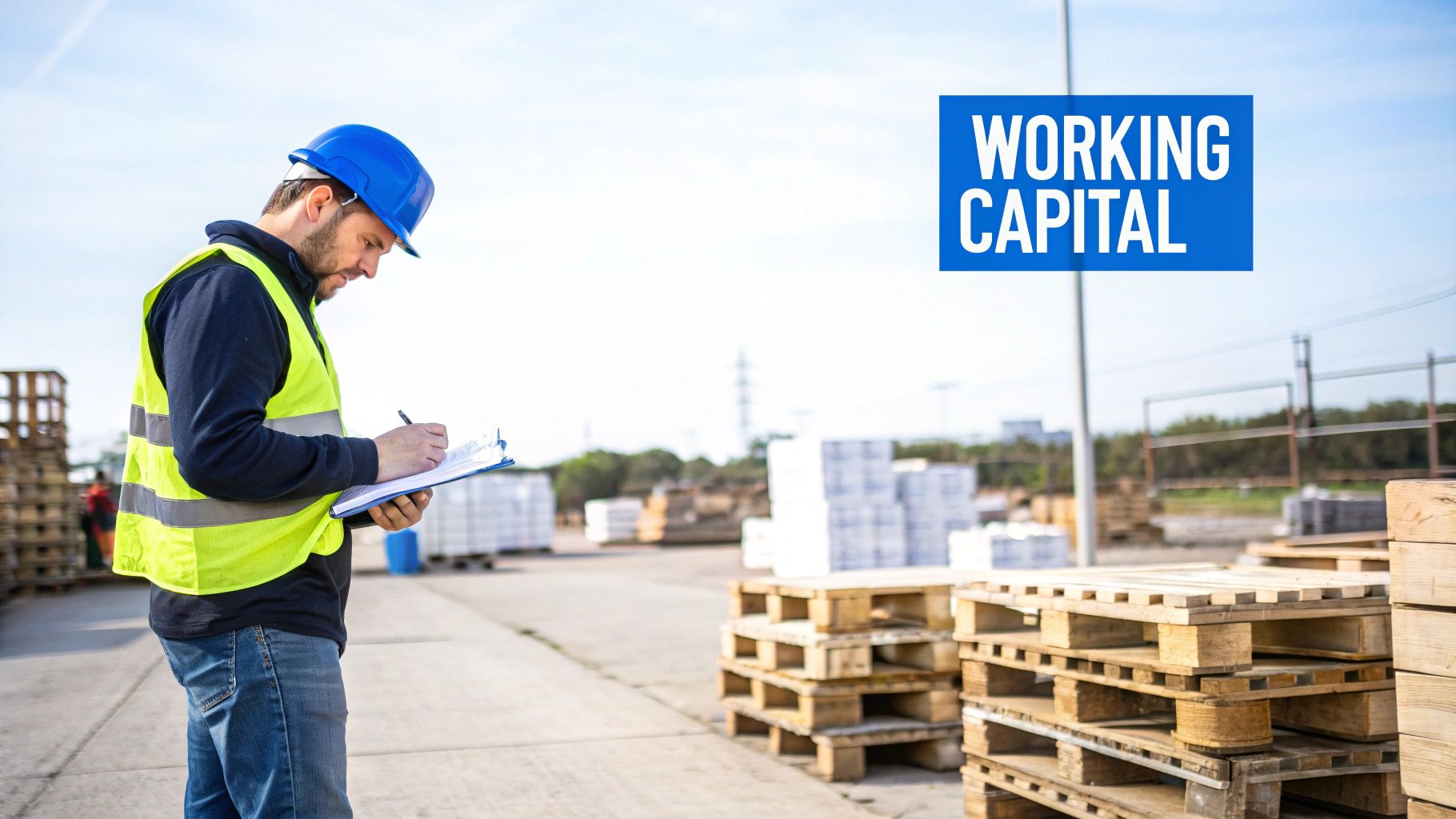 Worker in hard hat and safety vest checks inventory in an outdoor storage yard with pallets.