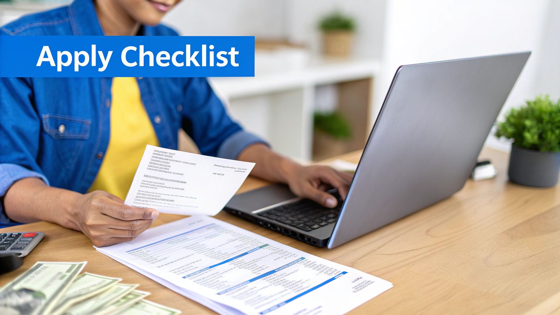Person reviewing an application checklist and financial documents while using a laptop on a wooden desk.