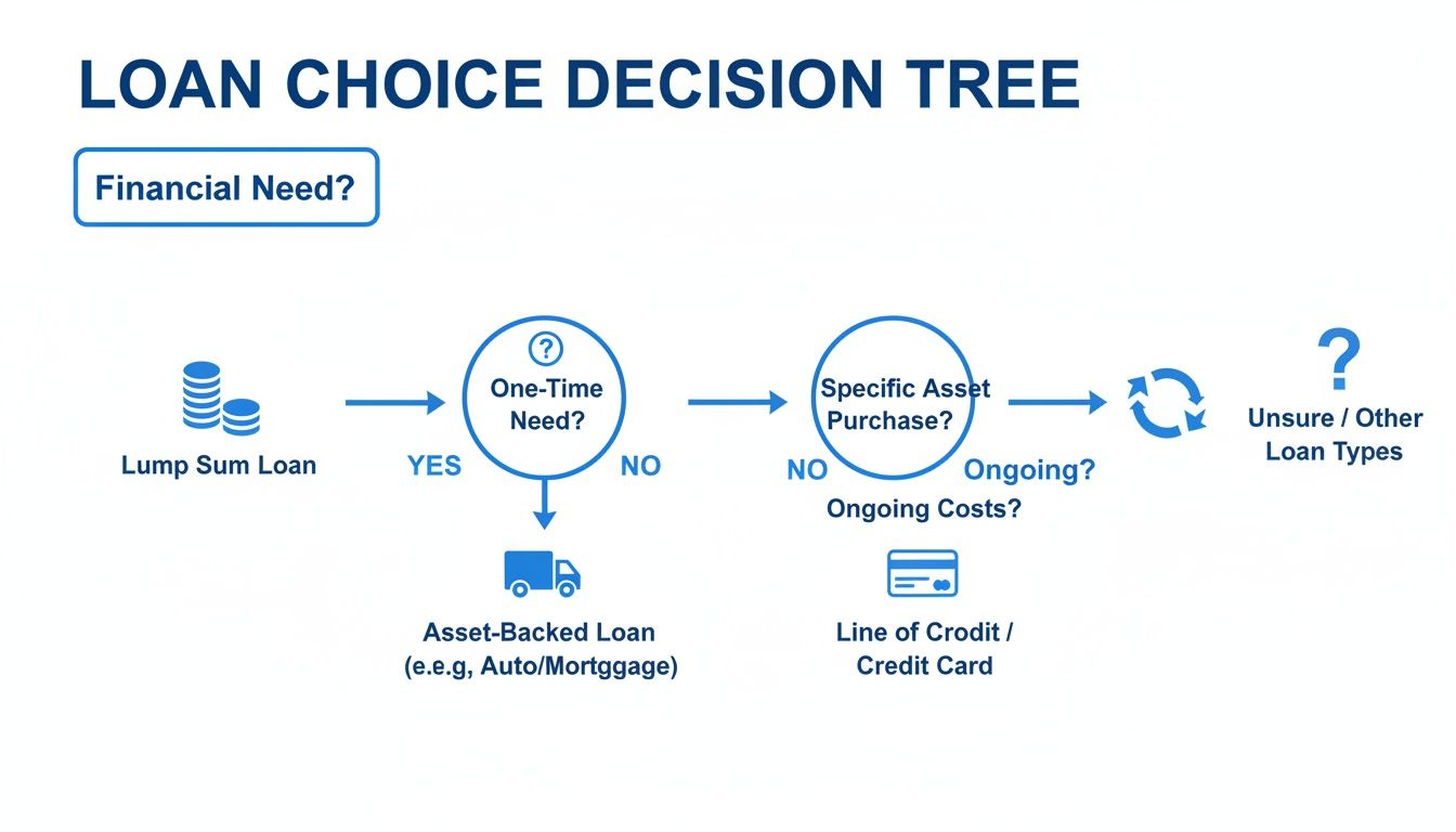 A loan choice decision tree diagram guiding users through different loan types based on financial needs.