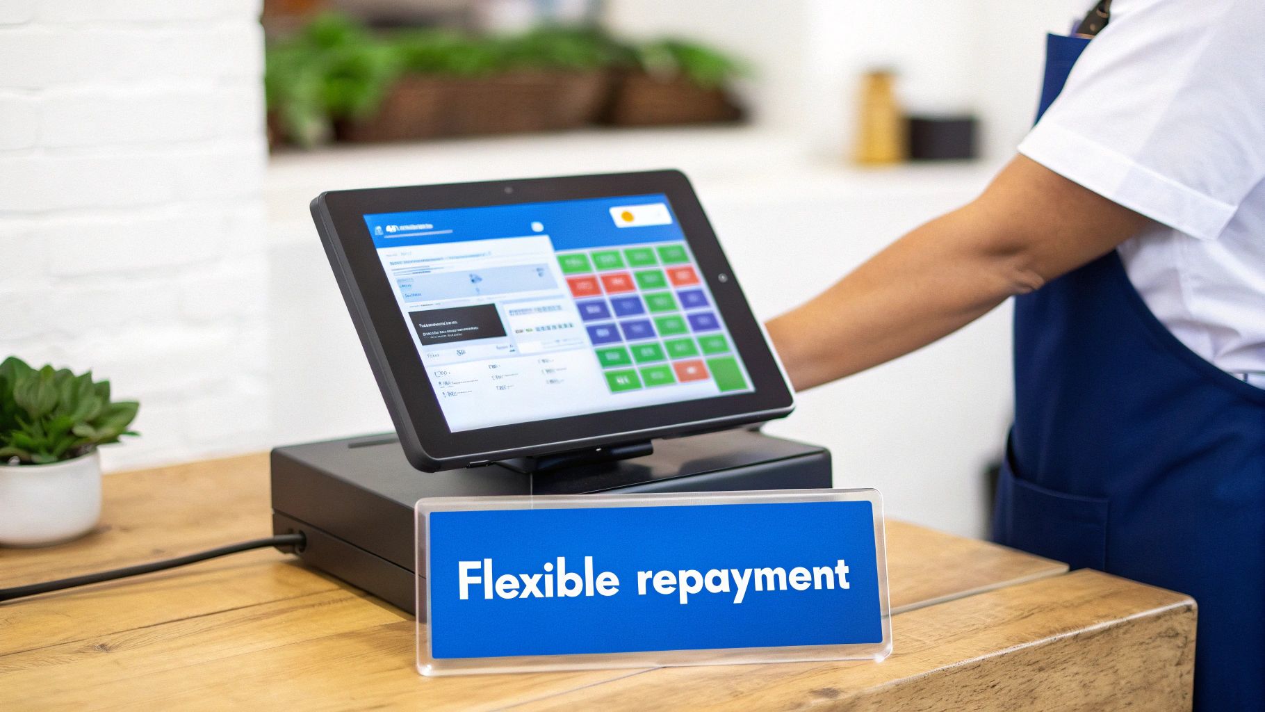 A merchant uses a tablet-based POS system at a counter with a 'Flexible repayment' sign.