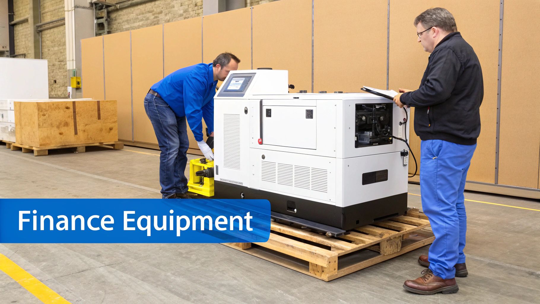Two men inspect a large white industrial generator on a pallet in a warehouse.