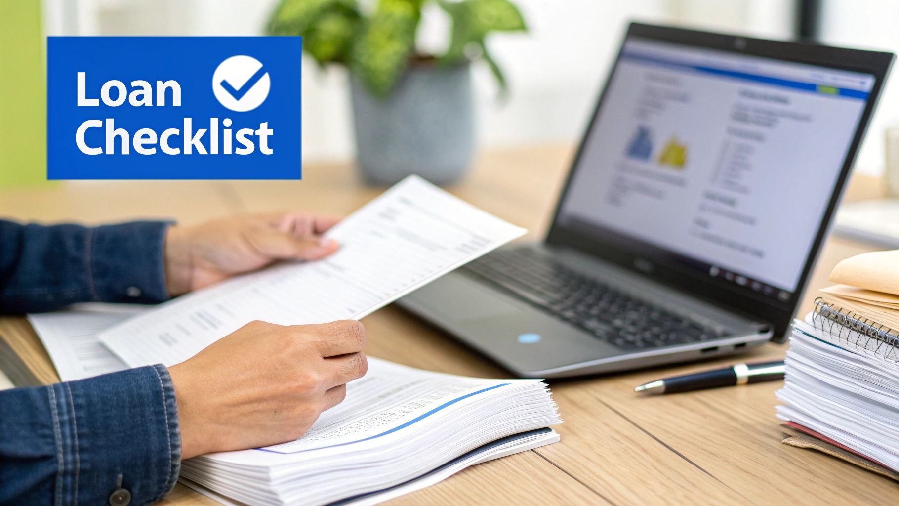 Close-up of hands reviewing loan documents with a laptop and 'Loan Checklist' banner.
