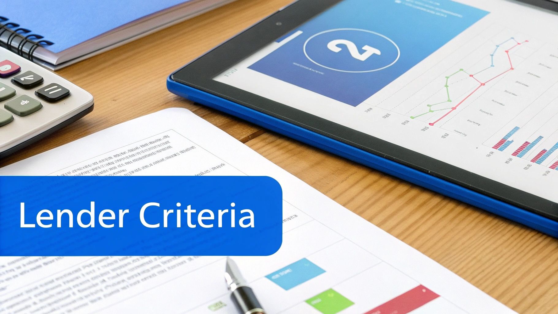 A close-up of a desk with a calculator, tablet displaying charts, and a 'Lender Criteria' banner.