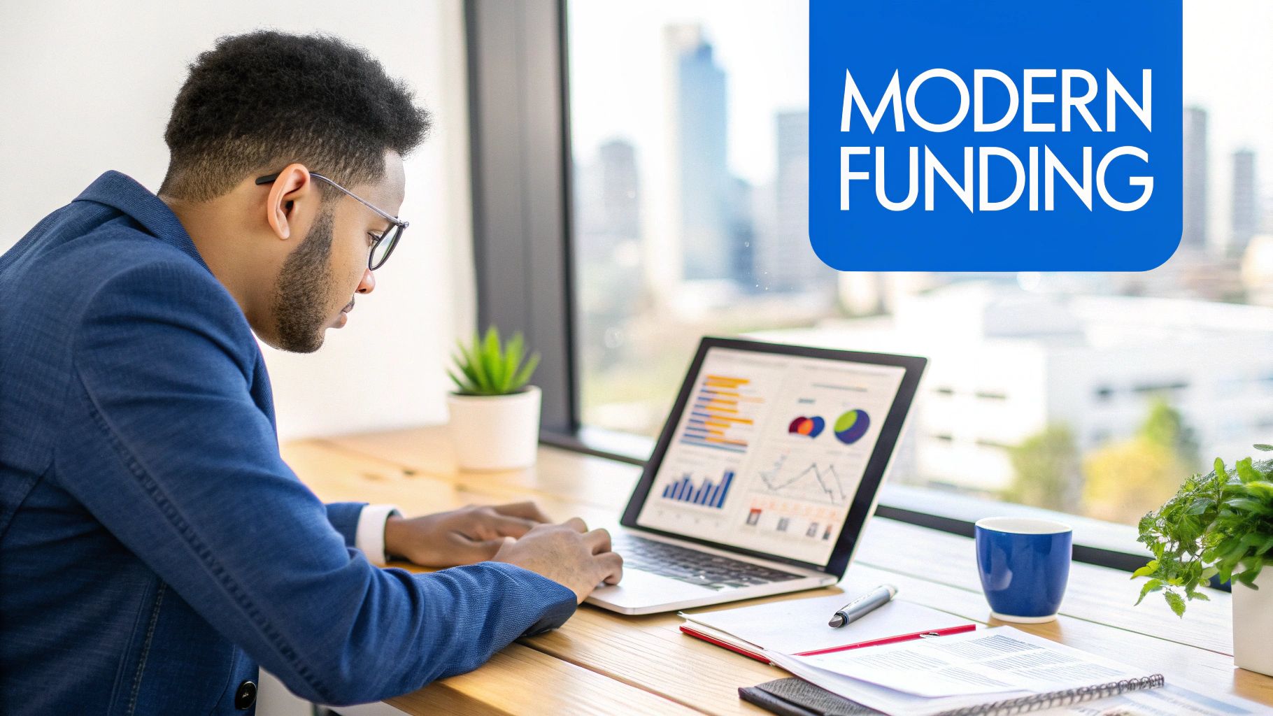A man in a blue suit works on a laptop displaying financial charts and graphs in a modern office.