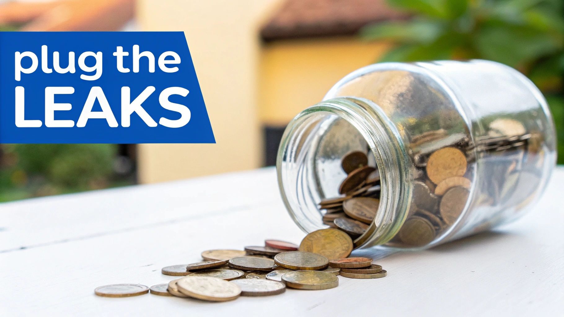 Coins spilling from a tipped glass jar on a white table next to a 'plug the LEAKS' sign.