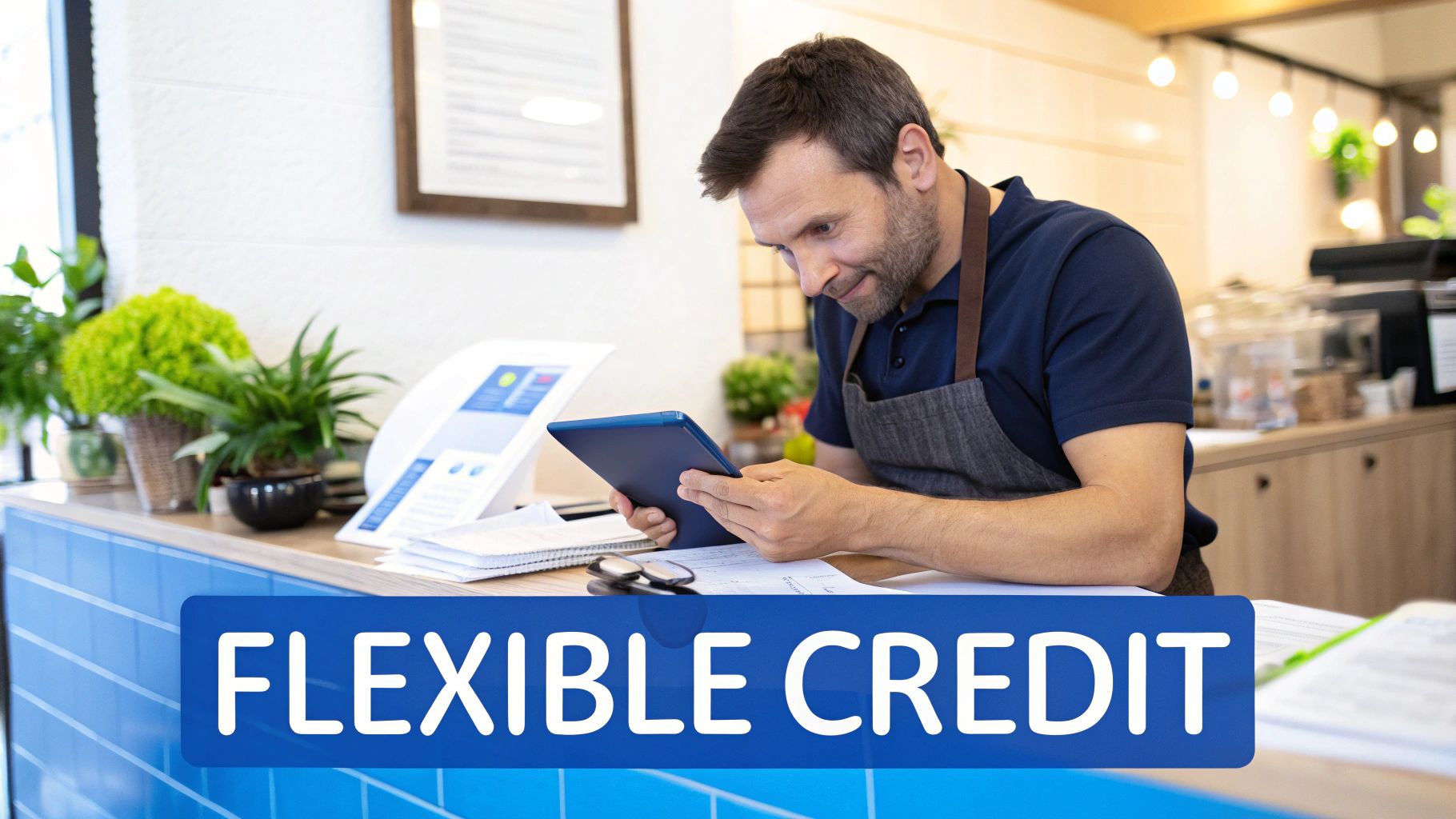A male small business owner in an apron uses a tablet while working at his shop's counter with a 'Flexible Credit' banner.