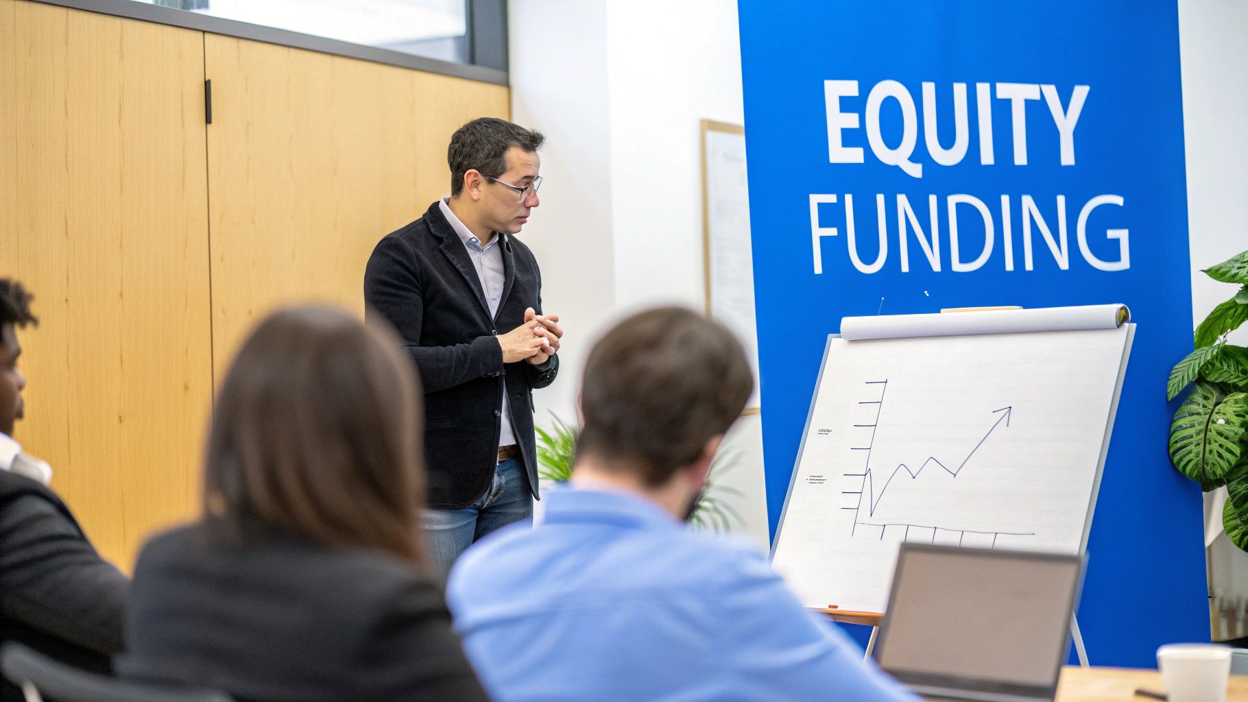 A man in glasses presents on equity funding with a graph to a seated audience.