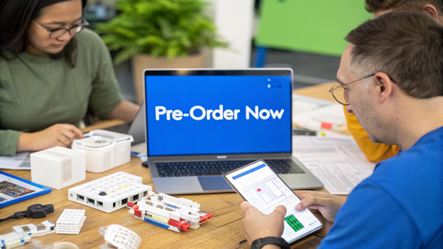Two people working with electronic components, a laptop displaying 'Pre-Order Now', and a tablet.