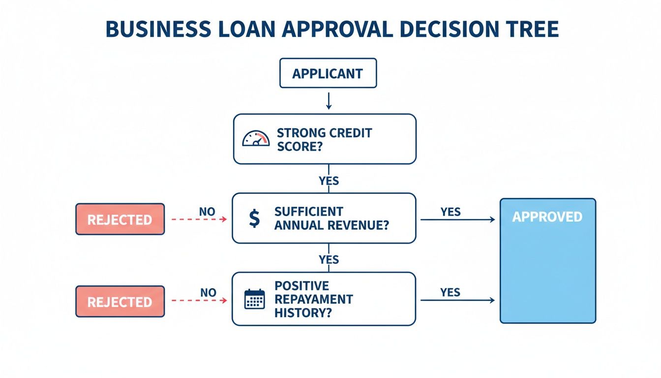 A flowchart illustrating the business loan approval decision process based on credit score, revenue, and repayment history.