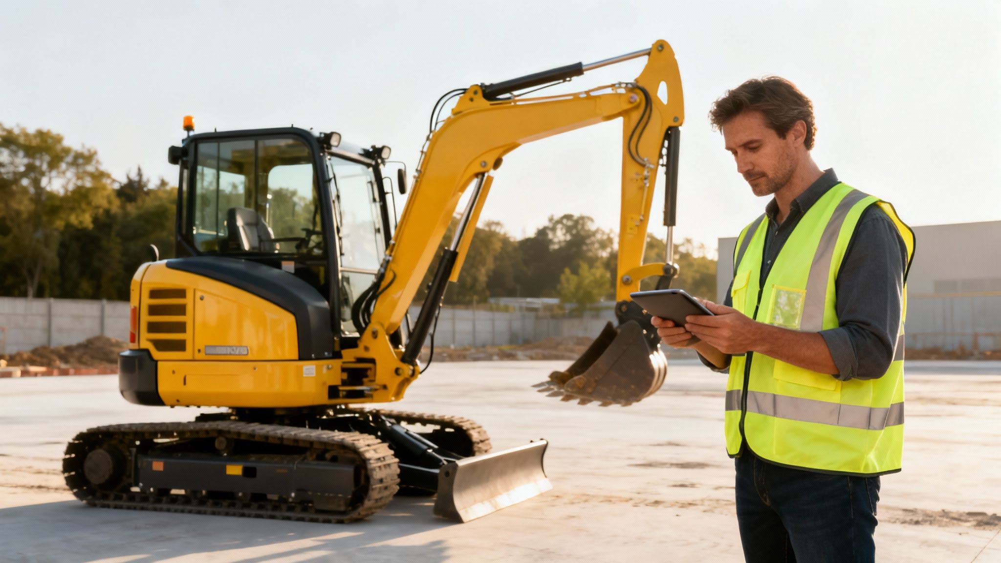 A construction worker in a safety vest uses a tablet next to a yellow excavator.