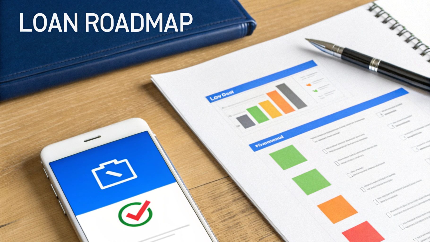 A 'Loan Roadmap' document, financial charts, a smartphone with a checkmark app, and a pen on a wooden desk.