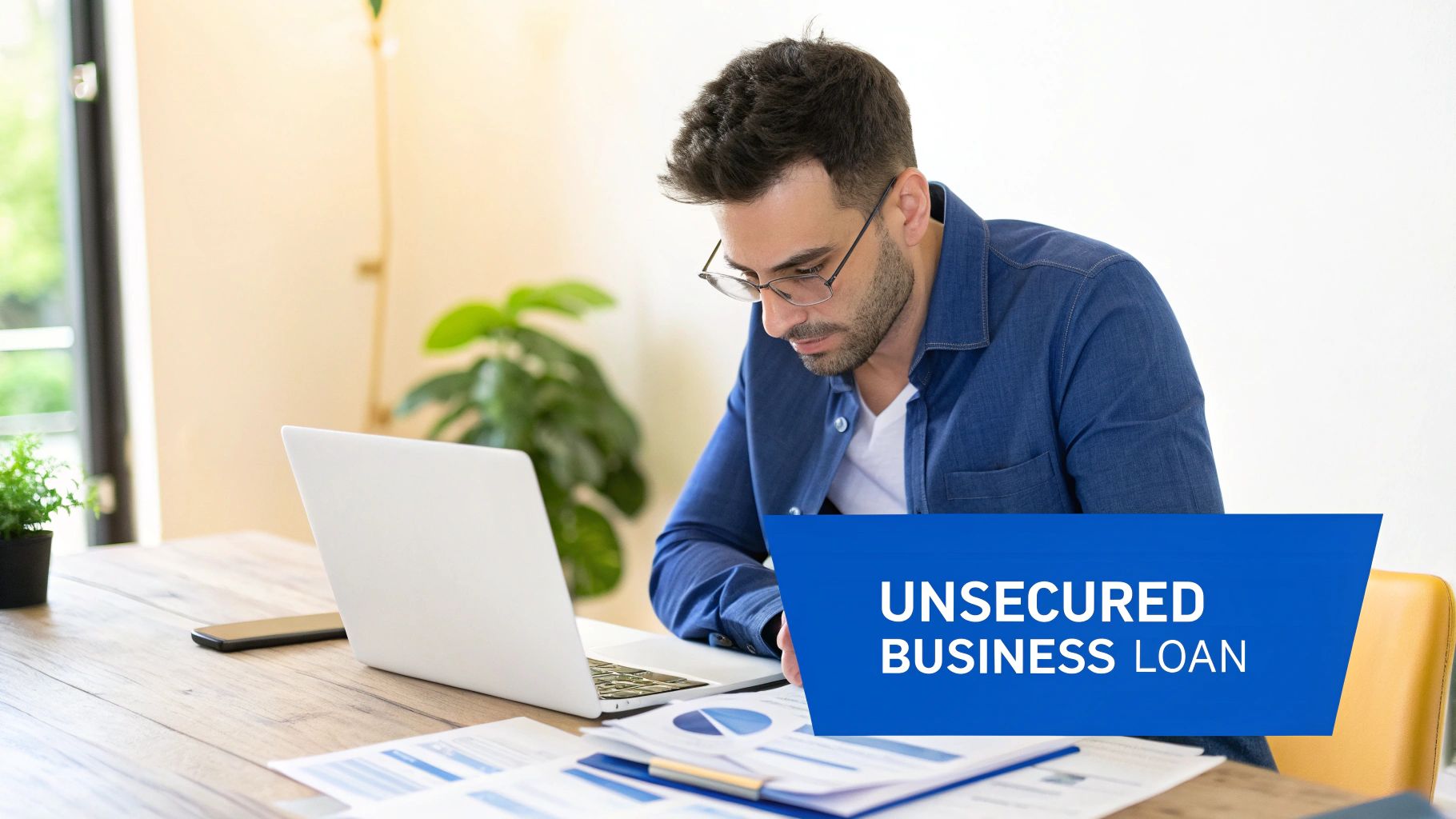 A man in glasses working on a laptop at a desk with business documents. Overlay reads 'UNSECURED BUSINESS LOAN'.