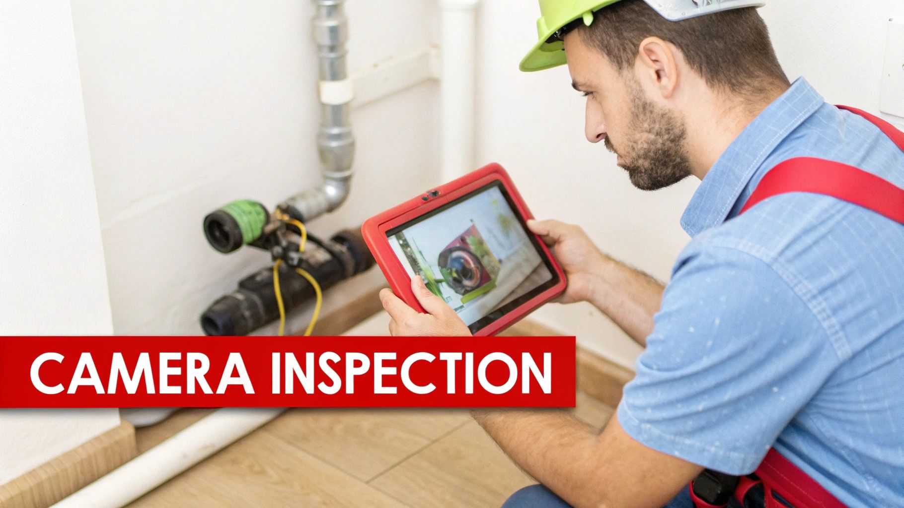 A plumber in a hard hat uses a tablet to monitor a camera inspection of pipes.