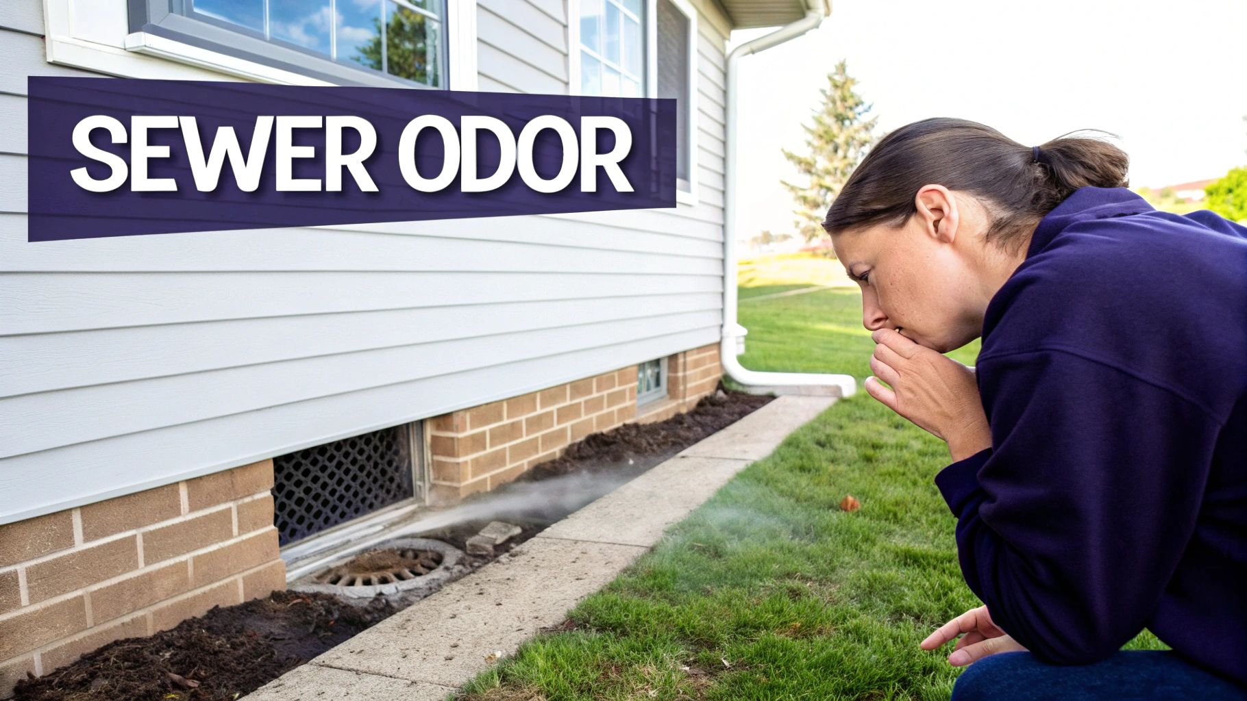 A woman covers her nose near a house with a sewer drain emitting smoke, indicating sewer odor.