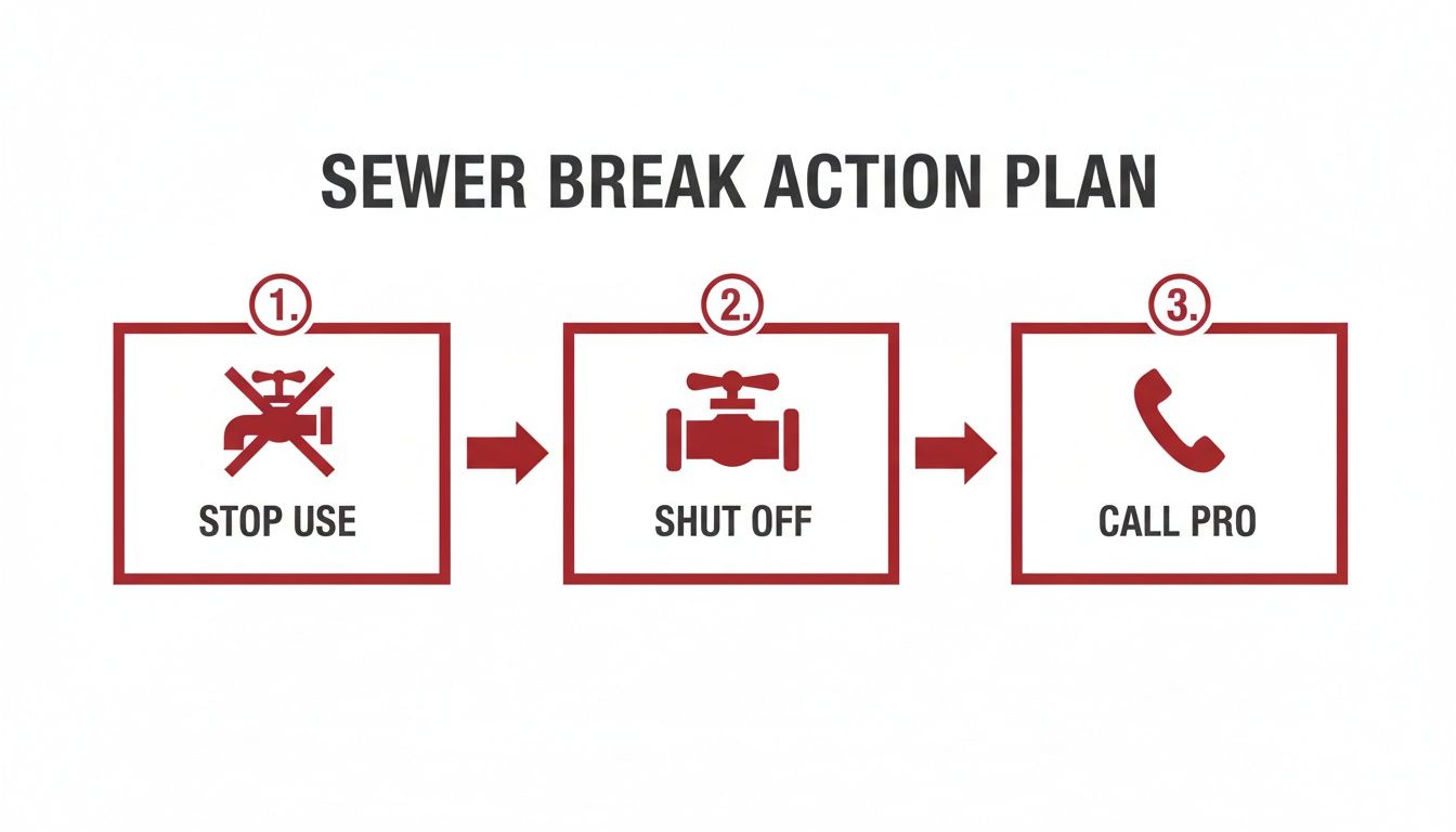 A three-step graphic illustrating a sewer break action plan: stop use, shut off, call pro.