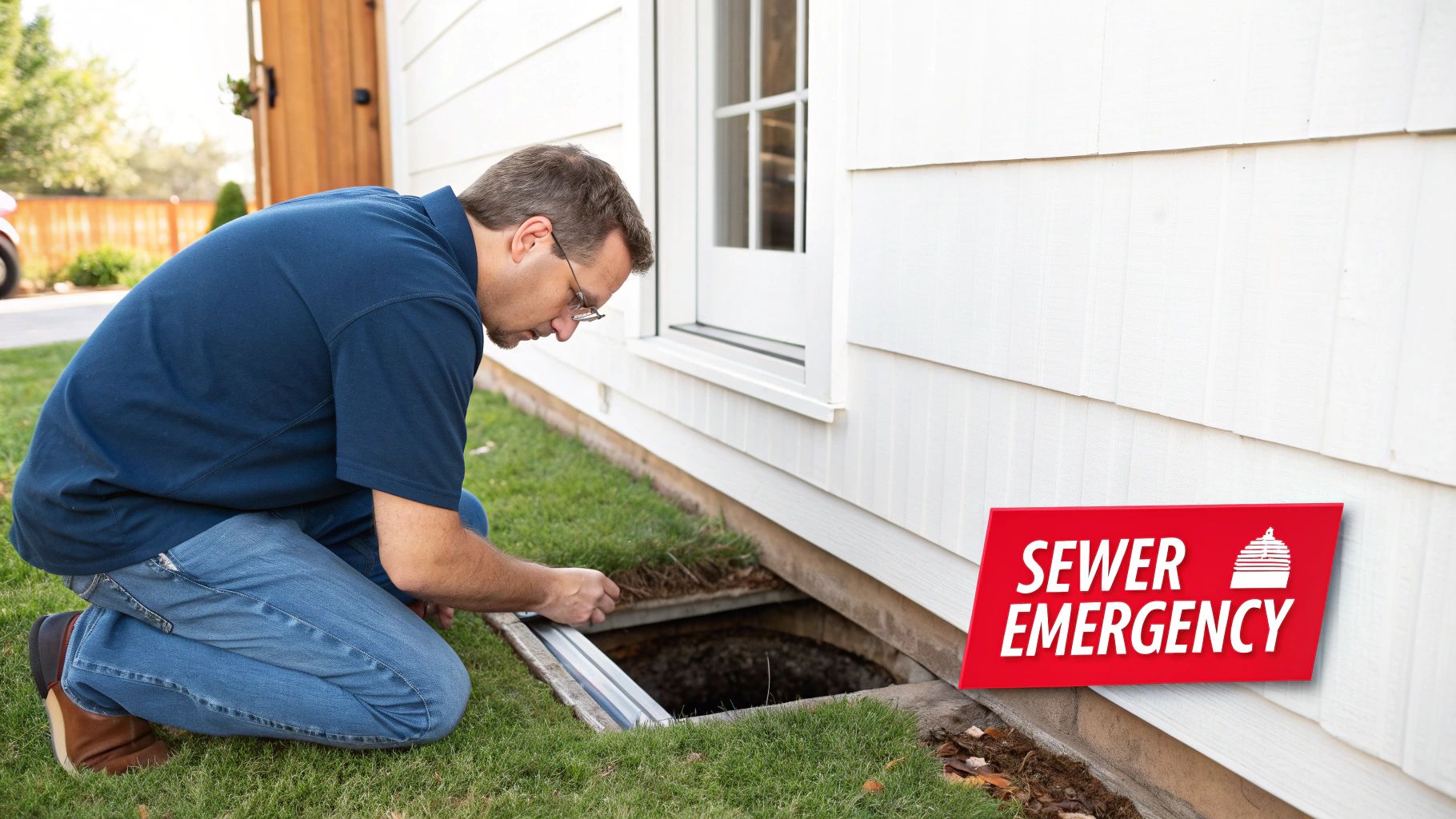 A man in glasses inspects an open sewer access point next to a white house with a 'Sewer Emergency' sign.