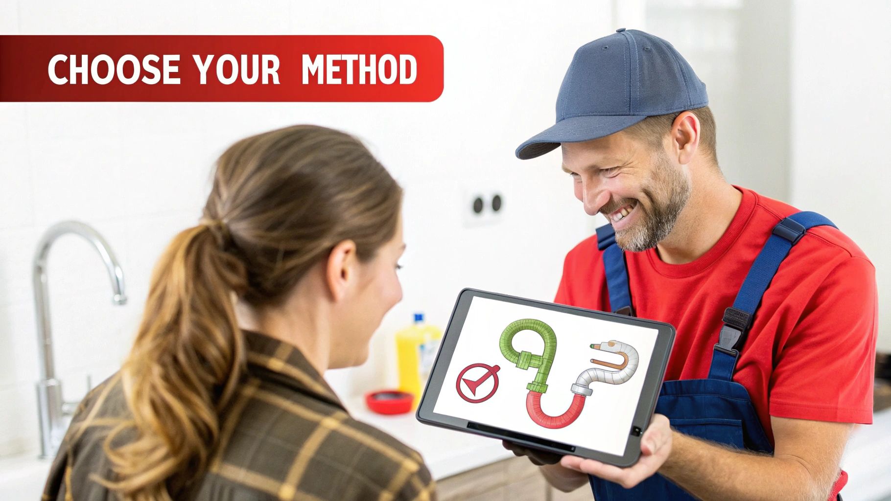 Plumber explains hydro jetting vs. snaking methods on a tablet to a smiling customer.
