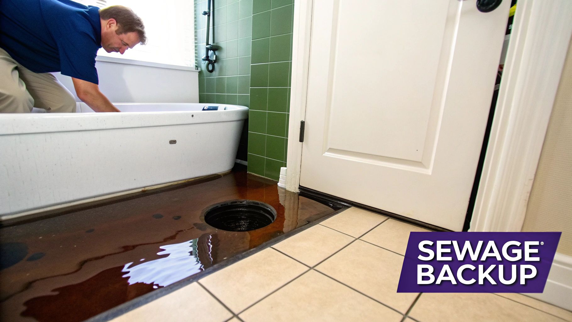 A man inspects a bathtub in a bathroom with sewage backed up on the floor, highlighting a plumbing issue.
